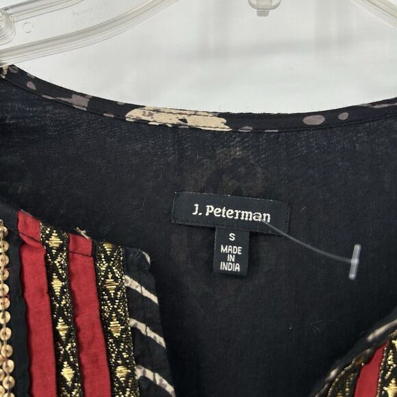 J Peterman Boho Tunic Top Black Gold Sequins Paisley Print 3/4 Sleeves Size S - Picture 11 of 12